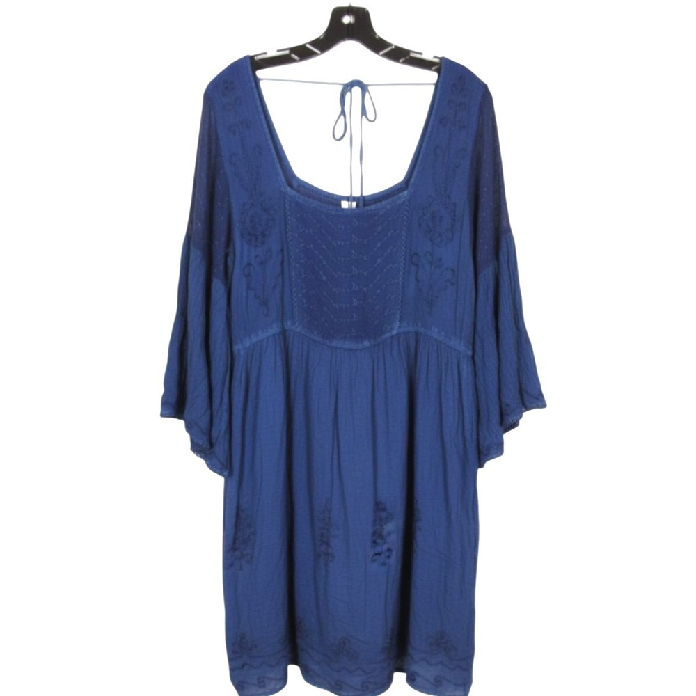 J GEE Navy CREPE Smock BELL SLEEVE Floral Detail LACE TRIM Boho MINI DRESS Sz 1X